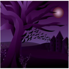 Creepy tree Halloween background. Halloween background with mountains, dry trees, bats, pumpkins and big moon.