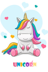 Cute unicorn on a background of hearts.