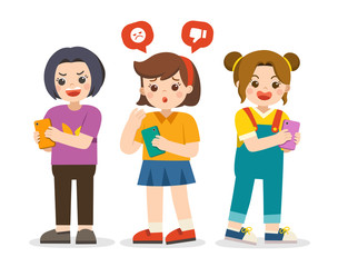 Social bullying concept. Girl being bullied by text message. Girls holding phone. Girl sharing text message on mobile phones.
