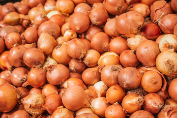 Beautiful selected organic onions background, ripe red onions for preparing meal, lots of onions on a market counter.