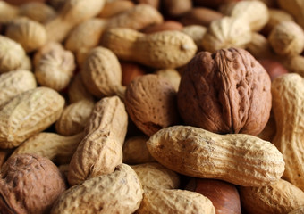 Raw peanuts, nuts and hazelnuts dried fruit seen in detail from above