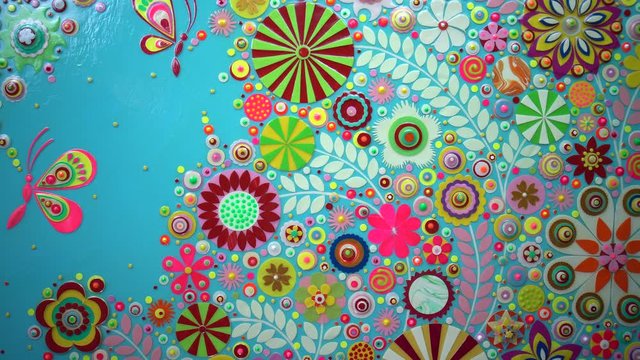 Summer festive or Midsummer, solstice contemporary artwork painting drapery. Floral pattern sliding view made of green leaves, branches, color flowers. Top view flat lay of Valentine's background.