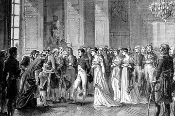 Napoleon Bonaparte and Josephine. Reception at Saint-Cloud Palace. Antique illustration. 1890.