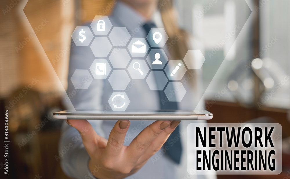 Poster handwriting text network engineering. conceptual photo field concerned with internetworking service 