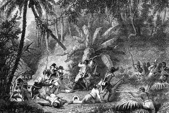 Take of the Barranca de las Culebras, in Santo Domingo. Napoleonic wars. Antique illustration. 1890.