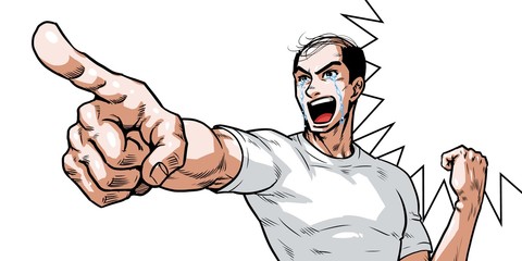 Bald-headed young man shouting while pointing