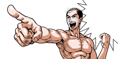 Bald-headed young man shouting while pointing