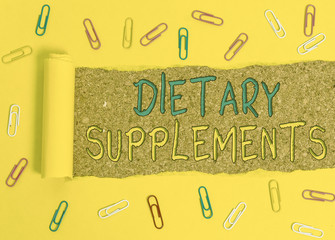Text sign showing Dietary Supplements. Business photo text Product taken orally intended to...