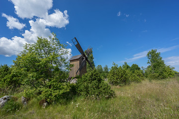 Plakat Grain mill on the summer landscape. Windmill and natural background pattern. Hiiumaa, small island in Estonia. Europe