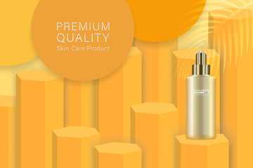 Beauty product ad design, gold cosmetic container with collagen solution advertising background ready to use, luxury skin care banner, illustration vector.	