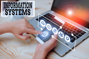 Conceptual hand writing showing Information Systems. Concept meaning study of systems with a exact...