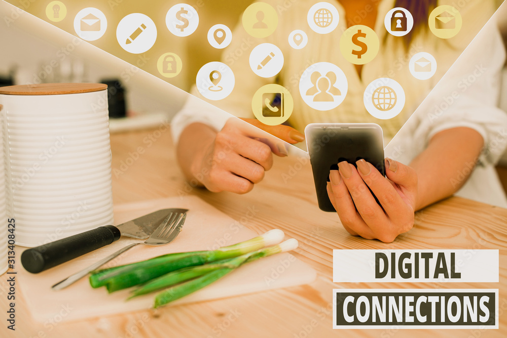 Poster writing note showing digital connections. business concept for the online way to explore and build r