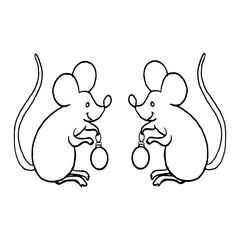 Two cute mice are holding Christmas balls in their hands. Black and white contour isolated on white background.
