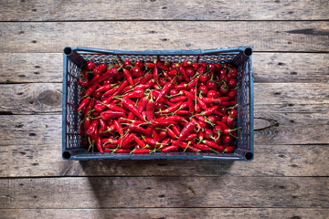 Red hot chili pepper on wooden. Country style