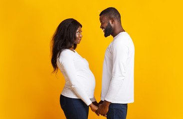 Pregnant woman and man holding hands, looking at each other