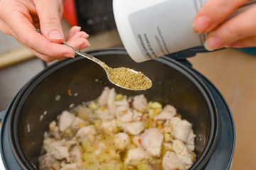 Woman adds spices for cooking meat in a slow cooker.