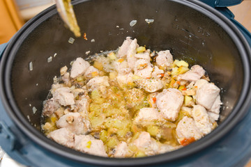 Woman adds spices for cooking meat in a slow cooker.