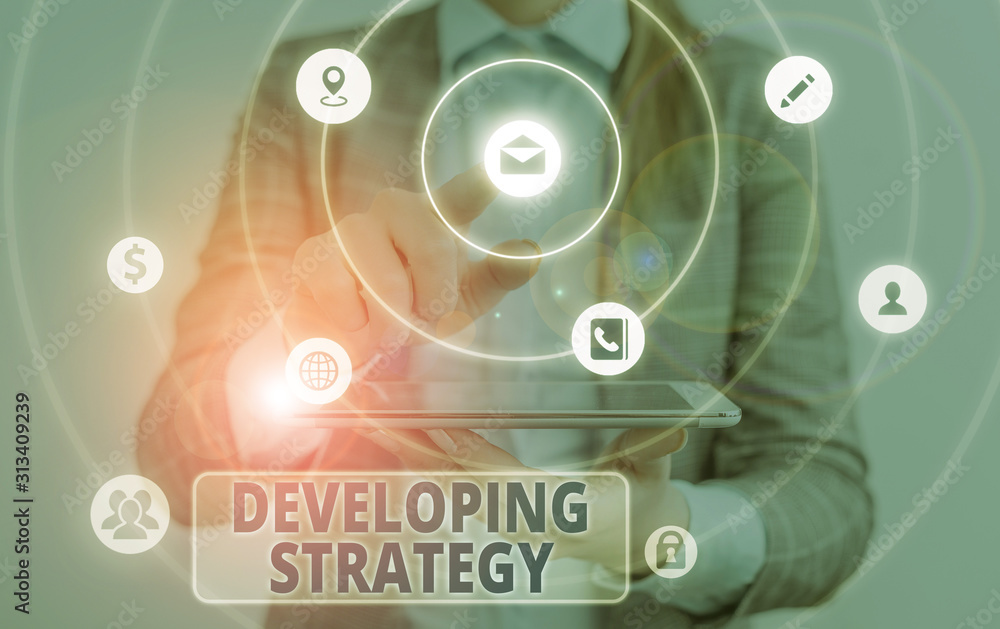 Poster conceptual hand writing showing developing strategy. concept meaning game plan that sets specific go