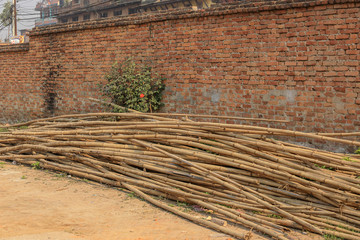 pile of dry bamboo near a brick fence. Nepal