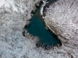 Aerial view of the Slunjcica River source in winter