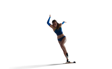 Female athlete isolated on white.