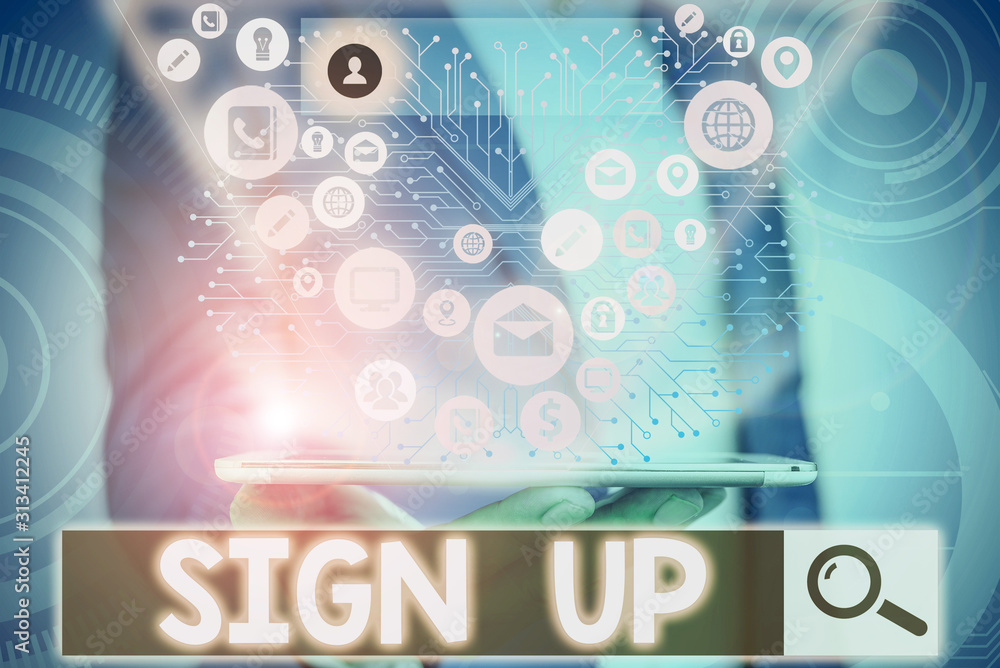 Aufkleber conceptual hand writing showing sign up. concept meaning use your information to register in website