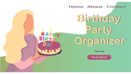 Event and Birthday Party Agency or Catering Service with Cartoon Characters . Flat Vector Illustration. Landing page