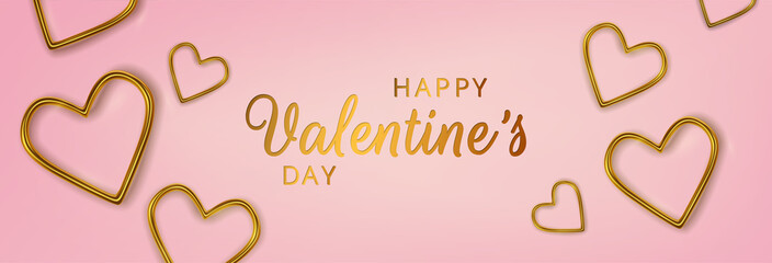 Happy Valentines Day greeting card. Realistic 3d gold metallic hearts on pink background. Love and wedding. Vector illustration