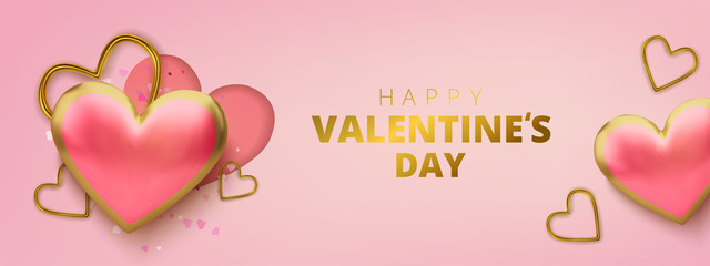 Happy Valentines Day greeting card. Realistic 3d hearts on pink background. Love and wedding. Vector illustration