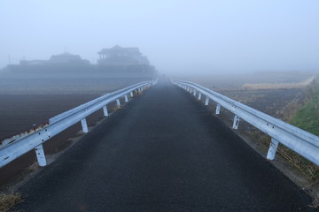 冬の朝霧の中の農道に通じる坂道風景