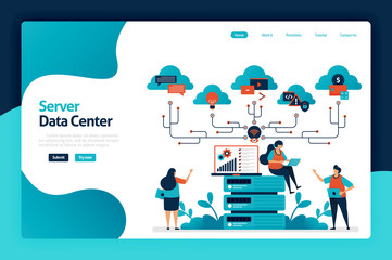 Fototapeta na wymiar Server data center landing page design. data storage and analysis services in database, computing support and big data management services. vector illustration for poster, website, flyer, mobile app