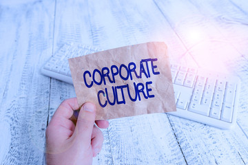 Writing note showing Corporate Culture. Business concept for beliefs and attitudes that...