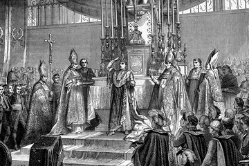 Napoleon crowning himself King of Italy. 26th May 1805. Cathedral of Milan. Antique illustration.1890.