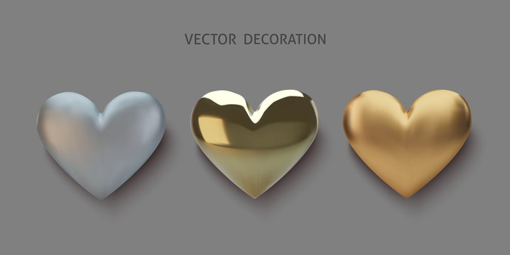 Set Realistic 3d gold and silver heart. Happy Valentines Day greeting card. Love and wedding. Graphic element for design. Vector illustration