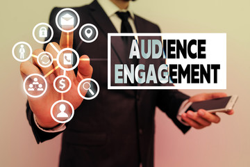 Conceptual hand writing showing Audience Engagement. Concept meaning active involvement of an audience in a live broadcast