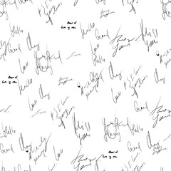 Seamless abstract text pattern. Handwritten font on a white background. Ink on paper