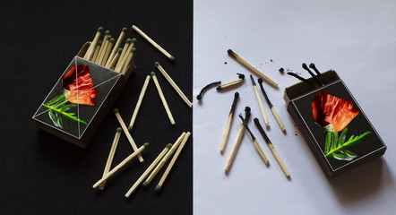  An allegory on the topic of a healthy lifestyle without drugs transmitted using matchboxes. Entire...