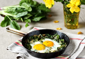 shakshuka with spinach or fried eggs. Green Shakshuka. Cook in Israel. Paleo. Keto diet dish. 