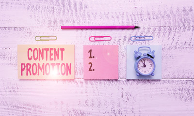 Conceptual hand writing showing Content Promotion. Concept meaning about getting content in front...