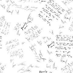 Seamless abstract text pattern. Handwritten font on a white background. Ink on paper