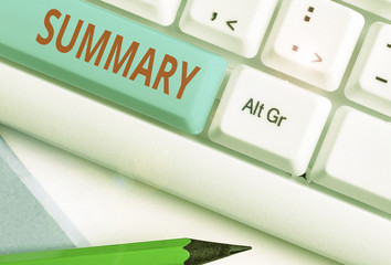 Writing note showing Summary. Business concept for a brief statement or account of the main points...
