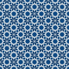 Classic Blue Ornate Seamless Vector Pattern of Moorish Tile Decorations. Tileable mosaic background in Islamic style.