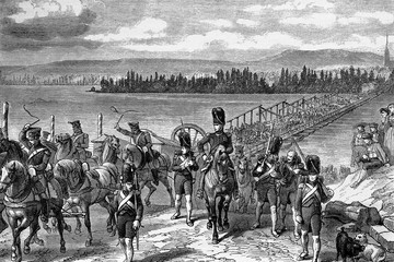 The French army crossing the Rhin river. Napoleonic wars. Antique illustration.1890.
