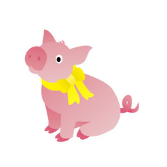 Illustration of Pig Wears A Yellow Tie Cartoon, Cute Funny Character, Flat Design
