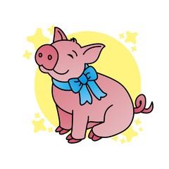 Illustration of Pig Wears A Blue Tie Cartoon, Cute Funny Character, Flat Design