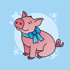 Illustration of Pig Wears A Blue Tie Cartoon, Cute Funny Character, Flat Design