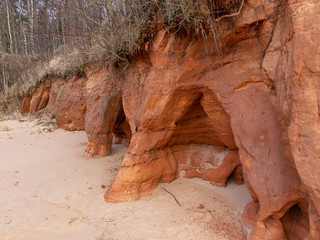 landscape with sandstone cliff fragments on blurred background