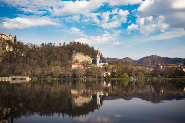 Fototapeta na wymiar Church at Lake Bled Slovenia European Alps