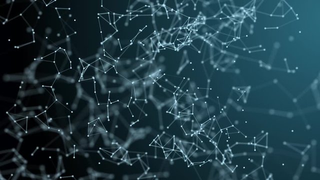 Cg animation, abstract blue background, camera flying through dots and lines, geometric manipulations. Big data, chain block, cryptography, cloud storage, social connections