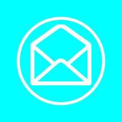 Mail icon, white open envelope symbol isolated on blue background